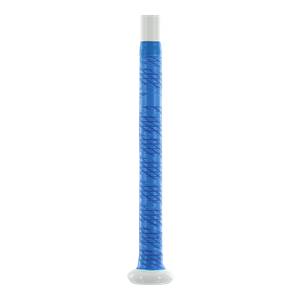 Close-up of a blue fastpitch softball bat grip with a white end cap and white top.