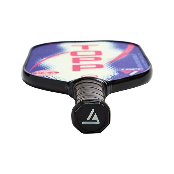 Top-down view of a white pickleball paddle with pink TOPP text and a black grip with a white triangle logo.