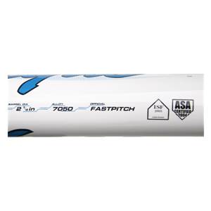 Side view of a white softball bat with 2 1/4 in, 7050, FASTPITCH, and certification logos.
