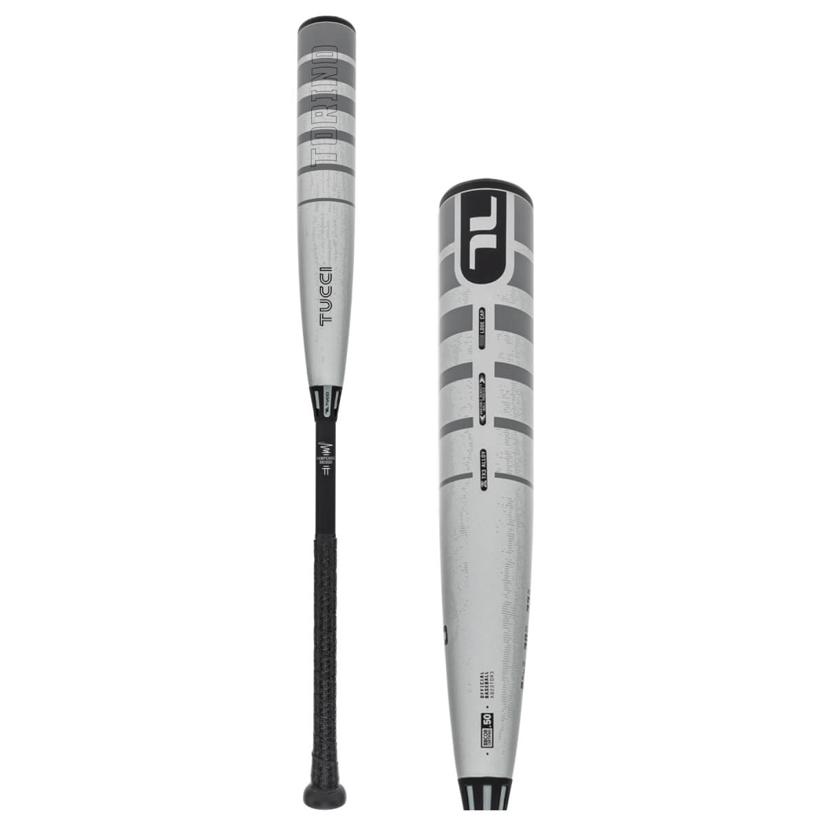 Full vertical and close-up views of the silver and grey striped Tucci Torino bat featuring prominent TORINO, TUCCI, and BBCOR .50 markings.