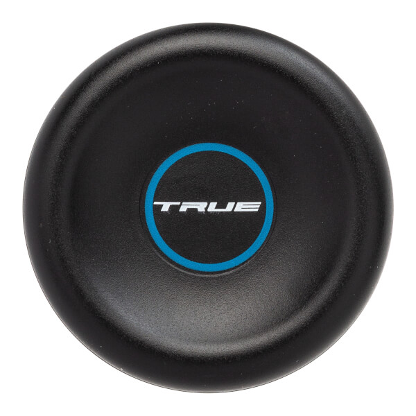 Top-down view of a black baseball bat end cap with a blue ring and white TRUE logo.