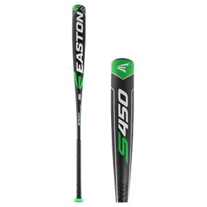 Side view of a black baseball bat with green Easton branding and S450 text.