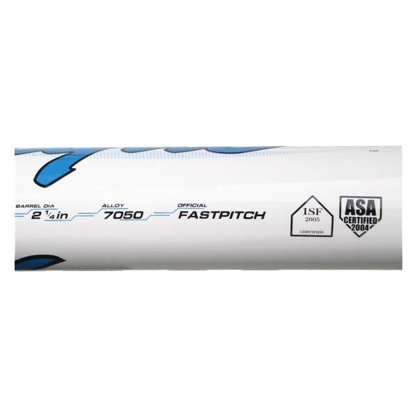 Side view of a white softball bat with 2 1/4 in, 7050, FASTPITCH, and certification logos.