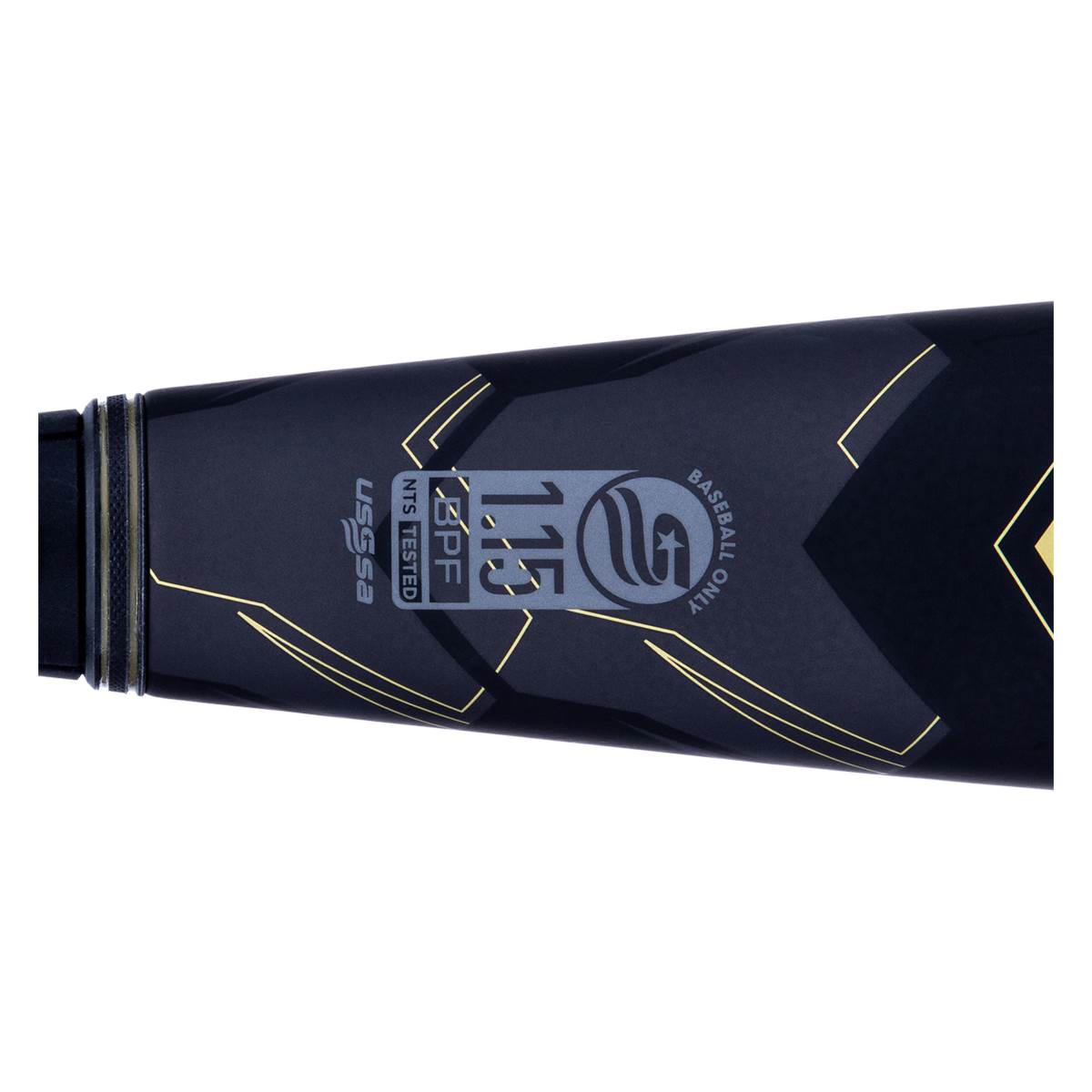 Close-up of a black baseball bat with USSSA and 1.15 BPF markings.