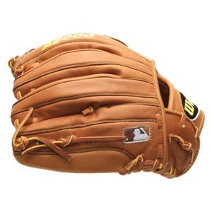 Side view of a tan baseball glove with A2000 branding and MLB logo.