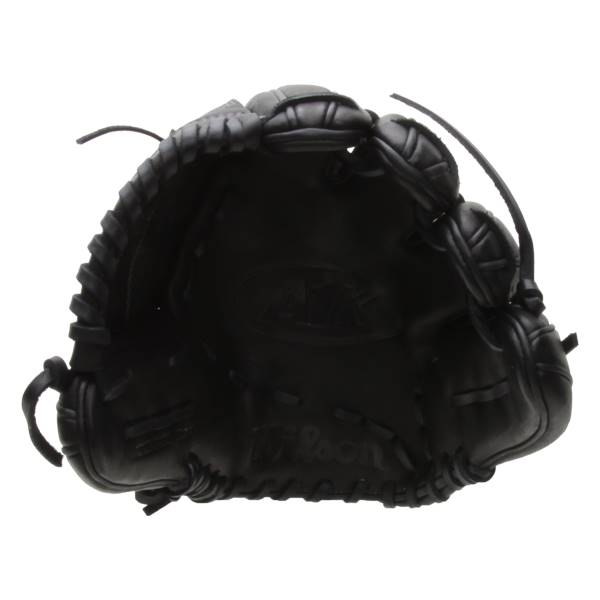 Top-down view of a black baseball glove with Wilson branding and a deep pocket.