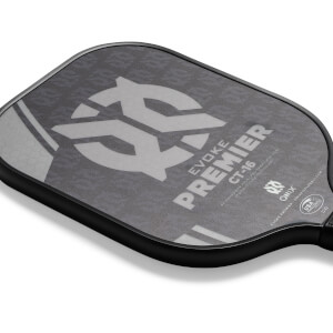 Corner view of a black pickleball paddle with EVOKE PREMIER CT-16 text and a large grey logo.
