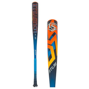Side and close-up views of the Louisville Slugger Atlas bat with orange, blue, and yellow graphics, displaying "LOUISVILLE SLUGGER" and "ATLAS" on the barrel.