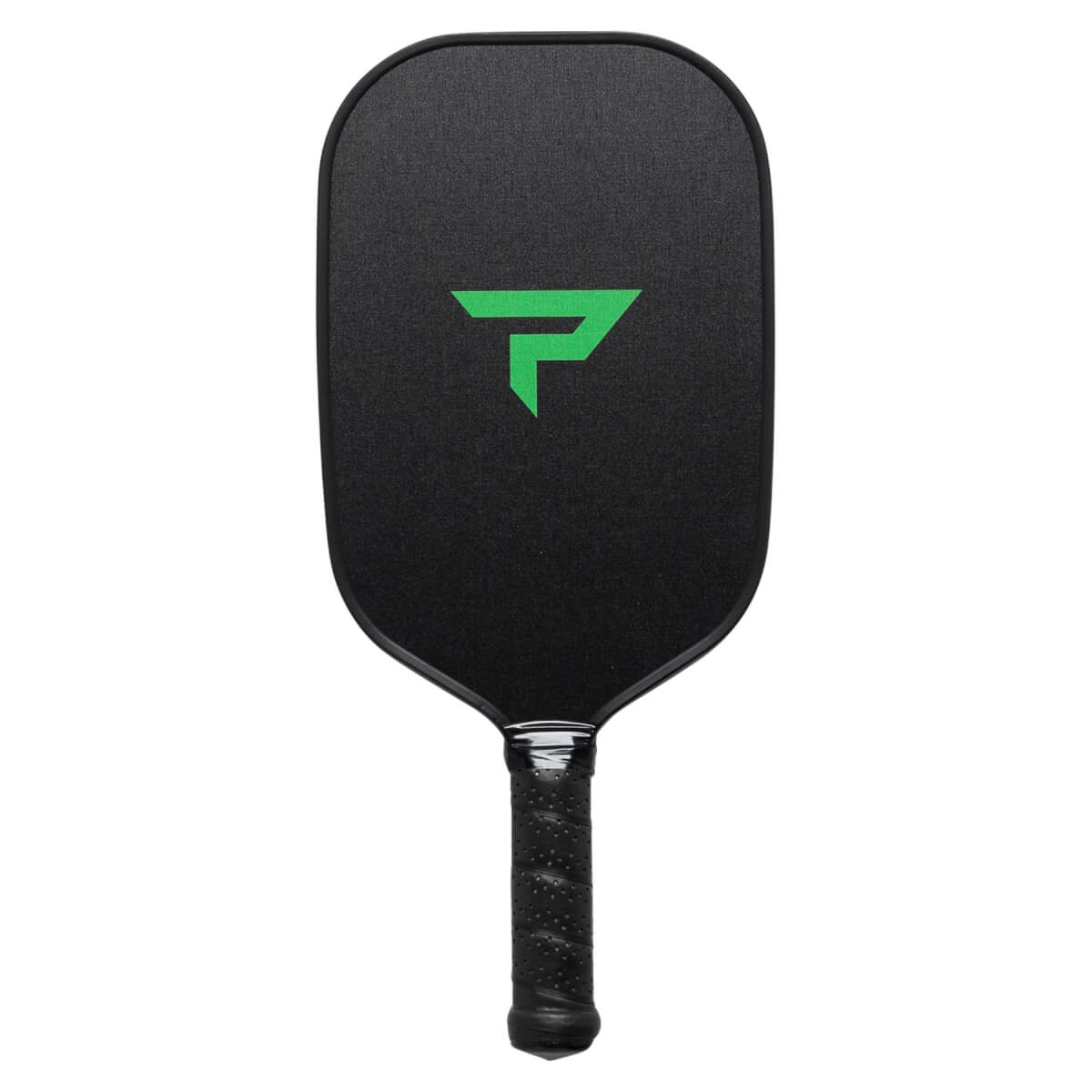 Front view of a black pickleball paddle with a green P logo and textured grip.