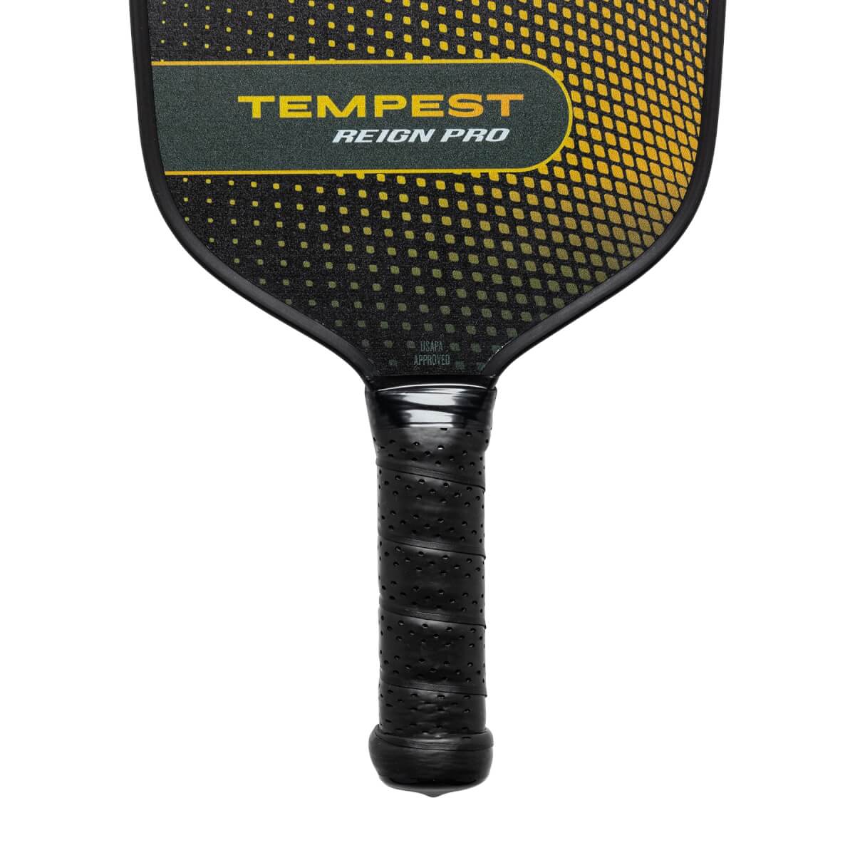 Top-down view of a black pickleball paddle with yellow dot pattern and TEMPEST REIGN PRO text.