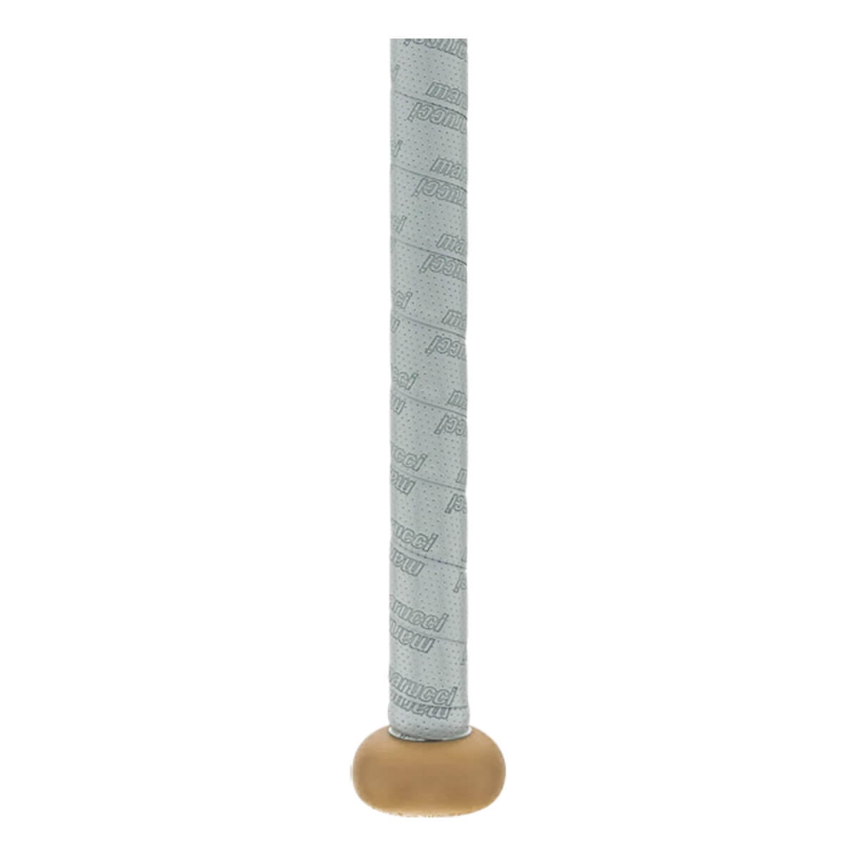 Close-up of a light gray bat grip with repeated Marucci text, perforated texture, and a tan knob.