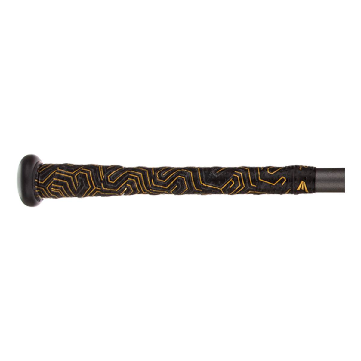 Close-up of a black baseball bat grip with a gold geometric pattern and an Easton logo.