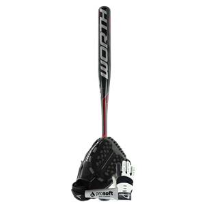 Front view of a black and red softball bat with WORTH text, a black glove, and a white batting glove.