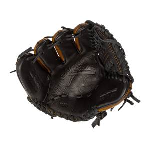 Top-down view of a black baseball glove with brown lining and Shoeless Joe branding.