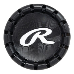 Top-down view of a black baseball bat end cap with a white Rawlings R logo and ribbed texture.