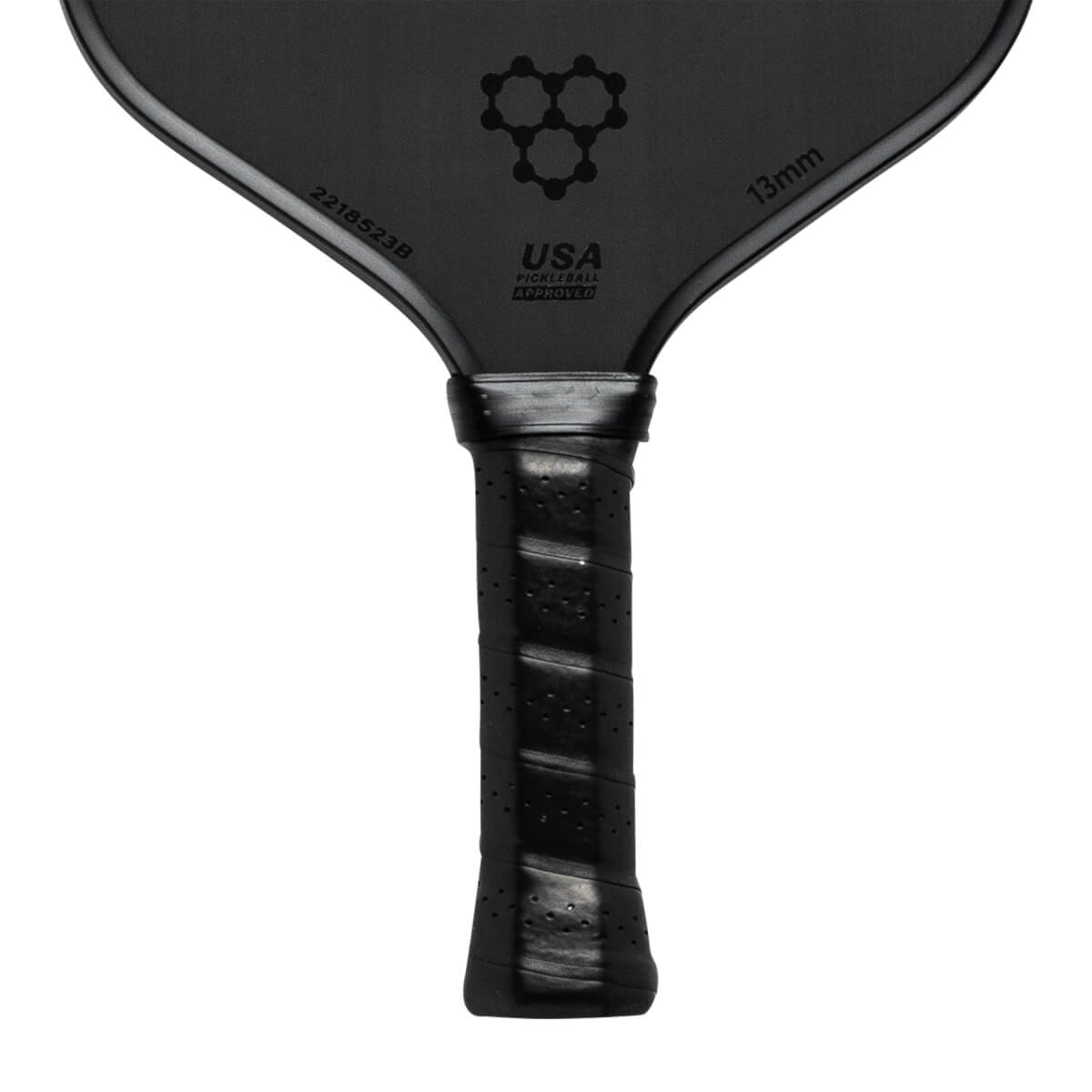 Top-down view of a black pickleball paddle with a honeycomb logo, USA PICKLEBALL APPROVED, and 13mm text.