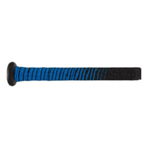 Side view of a black baseball bat with a blue and black patterned grip.