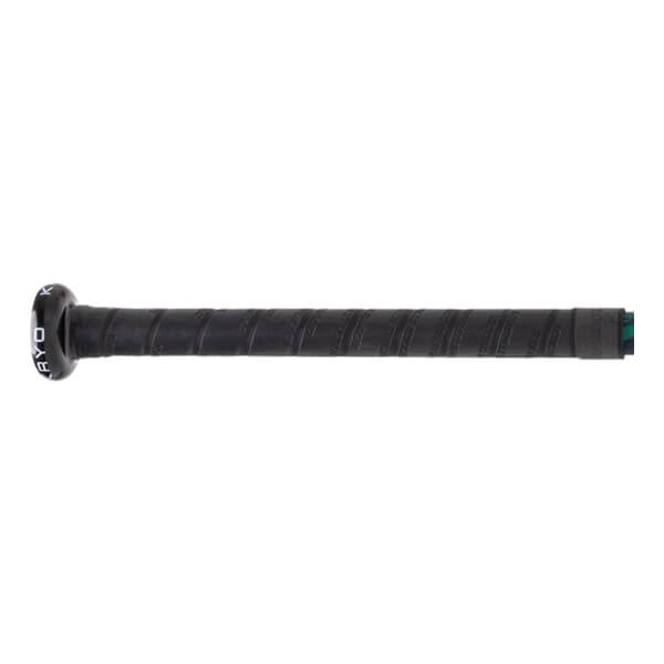 Close-up horizontal view of the black textured handle and knob, featuring the word Kryo on the knob and embossed Louisville Slugger branding across the grip tape.