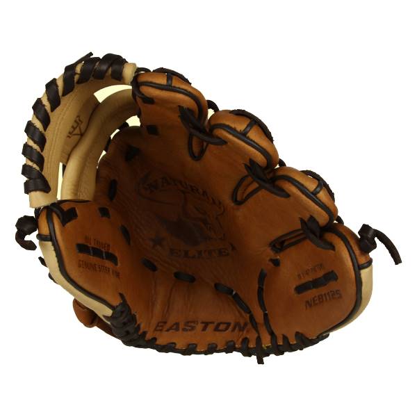 Top-down view of a brown Easton baseball glove with NATURAL ELITE and NEB1125 visible.