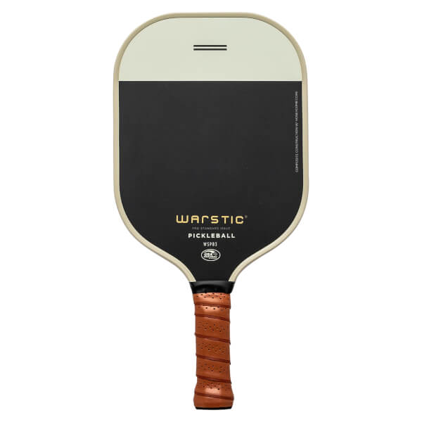 Front view of a black pickleball paddle with a white top section and brown grip.