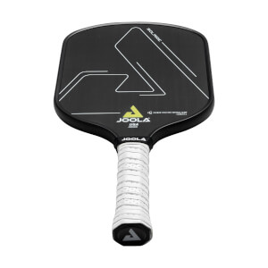 Top-down view of a black JOOLA Solaire CFS pickleball paddle with white grip and geometric white lines.