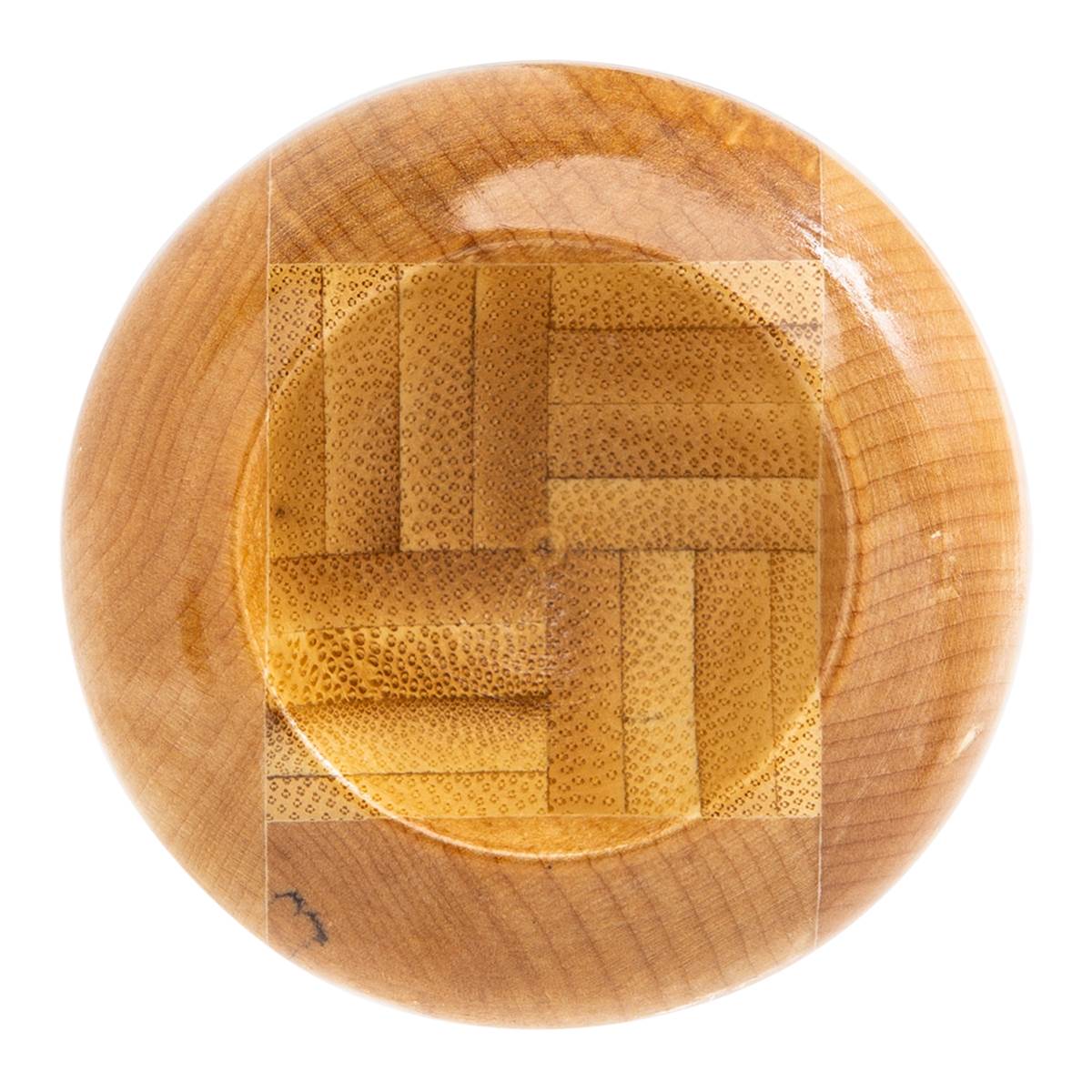 Top-down view of a natural wood baseball bat end showing a square bamboo-weave core and maple wood grain ring.