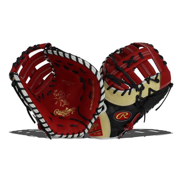 Top-down view of red and black Rawlings first base mitt with tan accents and R logo.