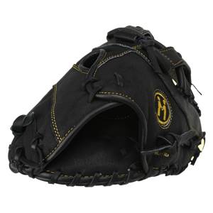 Front view of a black first base mitt with gold stitching and an M logo.