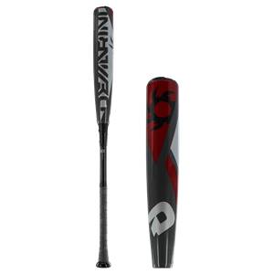 Side view of a black baseball bat with DeMarini text and a red graphic on the barrel.