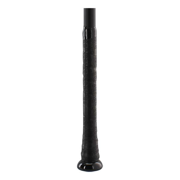 Close-up of a black baseball bat grip with embossed pattern and a black end cap.