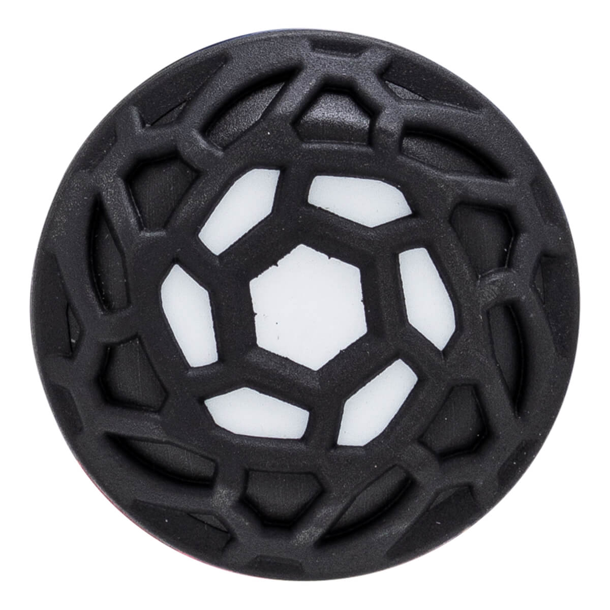 Top-down view of a black and white bat end cap with a raised geometric web pattern.
