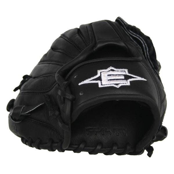 Front view of a black baseball glove with a white Easton logo and REAL FIT text.