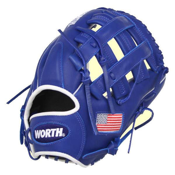 Front view of a royal blue baseball glove with a white lining, WORTH logo, and American flag patch.