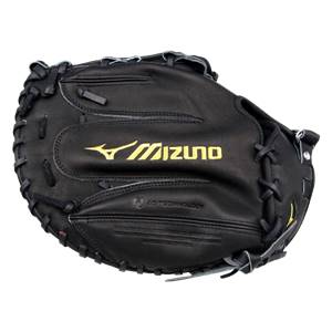 Top-down view of a black Mizuno first base mitt with gold Mizuno logo and 4D TECHNOLOGY text.