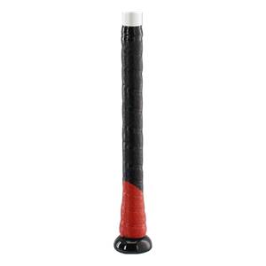 Close-up of a black and red baseball bat grip with a white end cap.