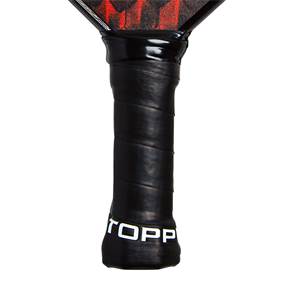 Bottom view of a black pickleball paddle with a black grip and white TOPP branding.