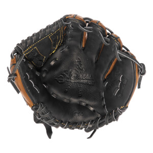 Top-down view of a black and tan baseball glove with Shoeless Joe branding and 1200 size.