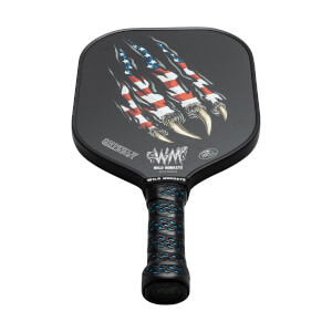Front view of a black pickleball paddle with American flag claw marks, GRIZZLY text, and a blue-patterned grip.