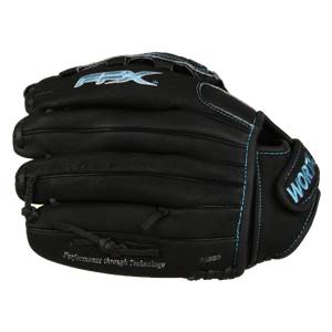 Side view of a black youth fastpitch glove with FX logo and WORTH text.