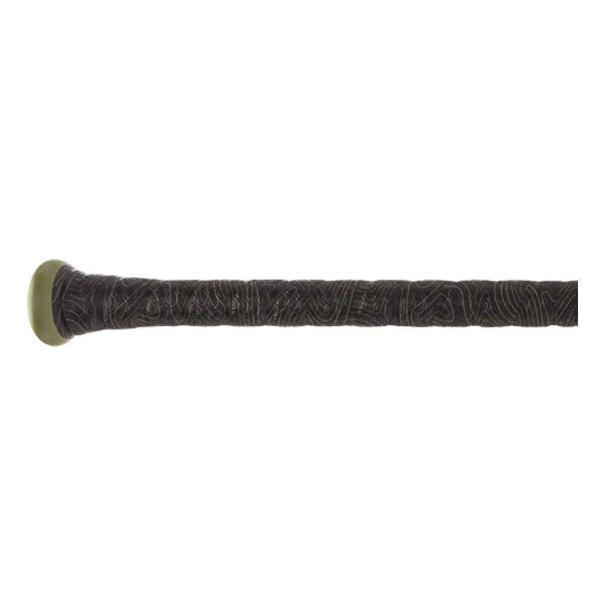 Side view of a black baseball bat with a textured grip and a light green end cap.