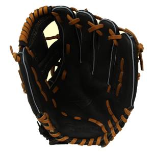 Front view of a black baseball glove with tan lacing and white piping.