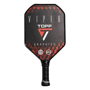 Front view of a black pickleball paddle with red geometric accents, VIPER, TOPP, and GRAPHITE text, and USAPA approval logos.