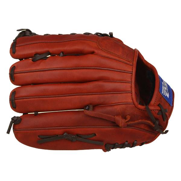 Side view of a brown baseball glove with lacing and a blue patch.