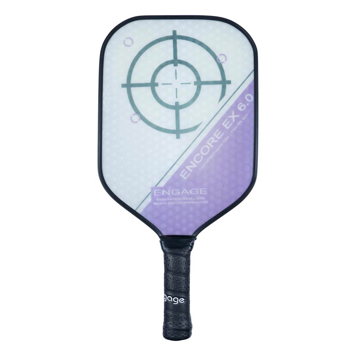 Front view of a white pickleball paddle with a target design, ENCORE EX 6.0 text, and a black grip.