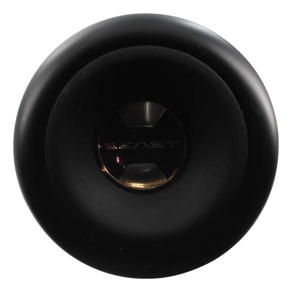 Top-down view of a black baseball bat end cap with BEAST logo.