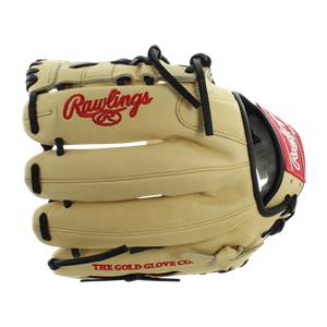 Front view of a tan baseball glove with red Rawlings branding and THE GOLD GLOVE CO. text.