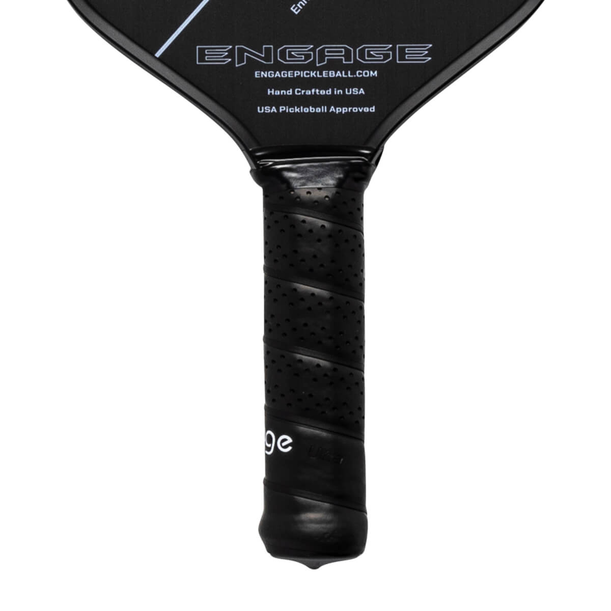 Close-up of a black pickleball paddle grip with a perforated texture and ge logo.