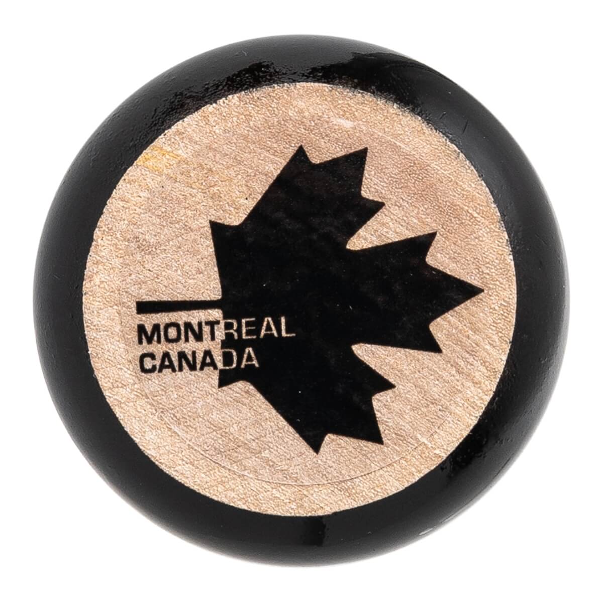 Top-down close-up of a black baseball bat knob with a natural wood insert featuring a black maple leaf and MONTREAL CANADA text.