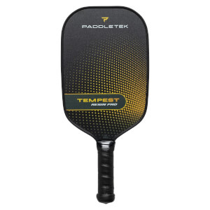 Front view of a black pickleball paddle with yellow dot pattern and TEMPEST REIGN PRO text.