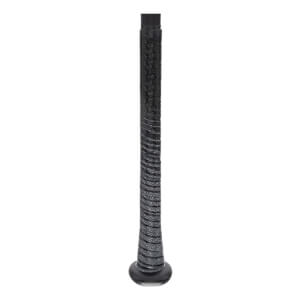 Close-up of a black baseball bat grip with a patterned texture and a black end cap.